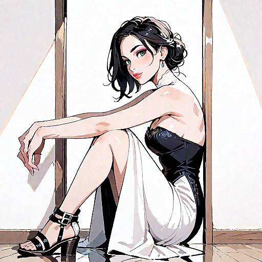 Stylish Woman in Black and White Dress Sitting on Steps