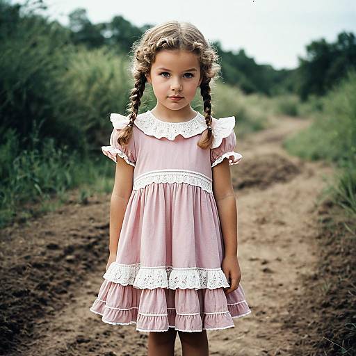 Young Girl in Pink Frilly Dress on Dirt Path