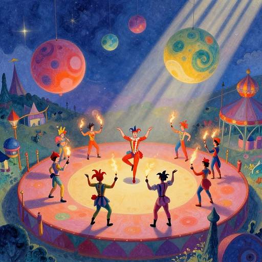 Vibrant circus scene: six costumed performers with raised torches dance on a glowing ring under colorful, floating moons in a starry night sky