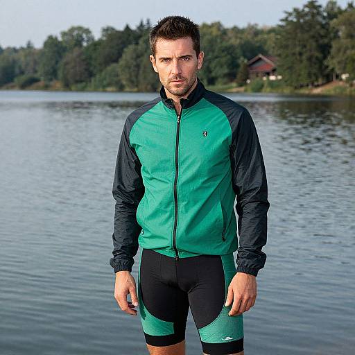 Man in Vibrant Cycling Gear by Lake