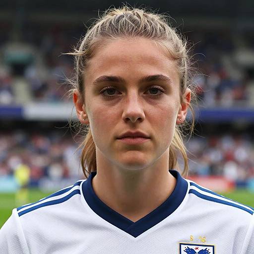 Photograph of a focused young female soccer player with blonde hair in a ponytail, wearing a white and blue jersey, standing in a blurred stadium crowd