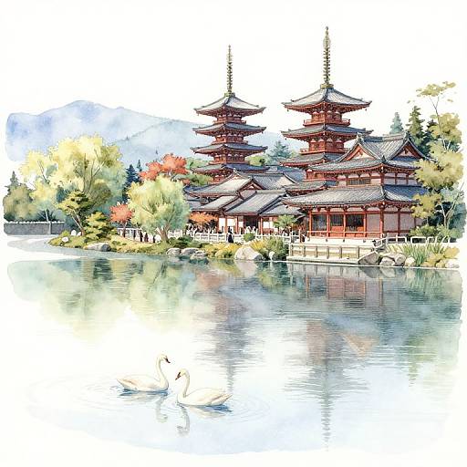 Japanese Pagodas by Lake with Swans Watercolor