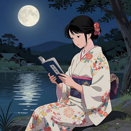 Anime-style illustration of a woman in a floral kimono reading a book under a full moon by a tranquil lake.