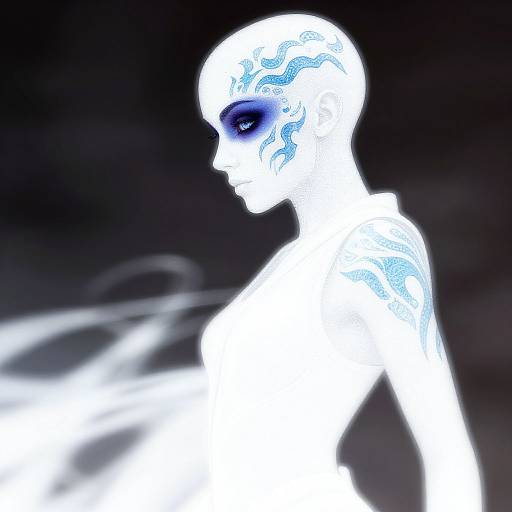 Digital art of a glowing, white, and blue, bald, alien-like female figure with intricate blue patterns, black background, and ethereal light effects