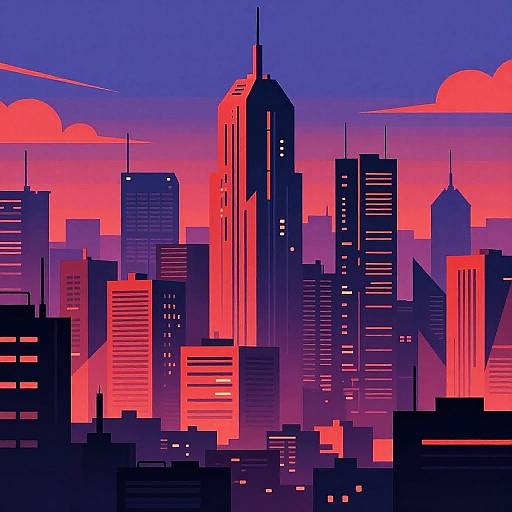 Digital illustration of a cityscape at sunset, featuring silhouetted skyscrapers in black, pink, and purple hues, with vibrant pink clouds