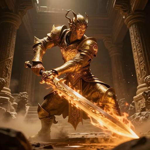 Epic fantasy artwork: Armored, horned warrior with glowing eyes wields a flaming sword in a dimly lit, ancient temple. Dynamic,