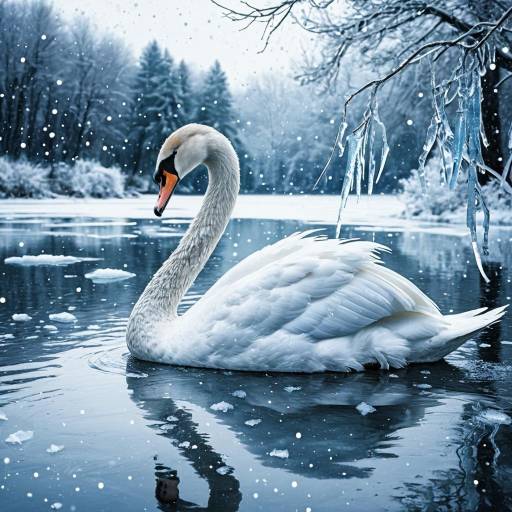 Elegant Swan on Icy Winter Lake
