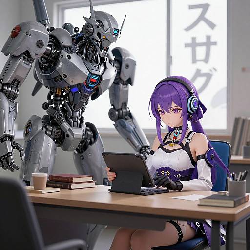 Anime-style digital illustration: Purple-haired girl in futuristic outfit with headphones, working on laptop, surrounded by two robotic mechs in bright classroom. Books and