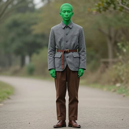 Vibrant Green Face with Earthy Attire