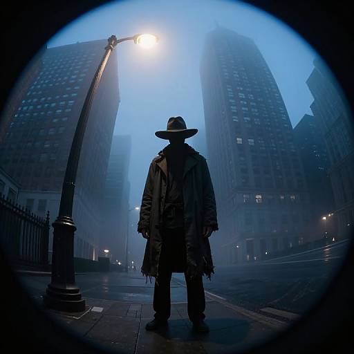 Photograph: Silhouetted figure in wide-brimmed hat and long coat stands under bright streetlamp in foggy urban night, flanked