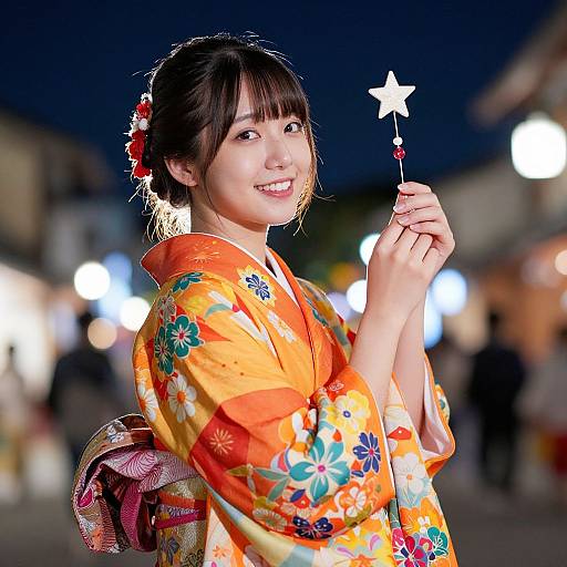 Photograph of a smiling Japanese woman in a vibrant orange floral kimono holding a star-shaped stick, set against a night-lit street backdrop.
