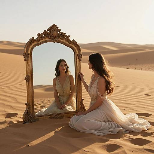 Photograph of a woman with long dark hair, in a white, flowing dress, kneeling in a desert, gazing at an ornate gold mirror