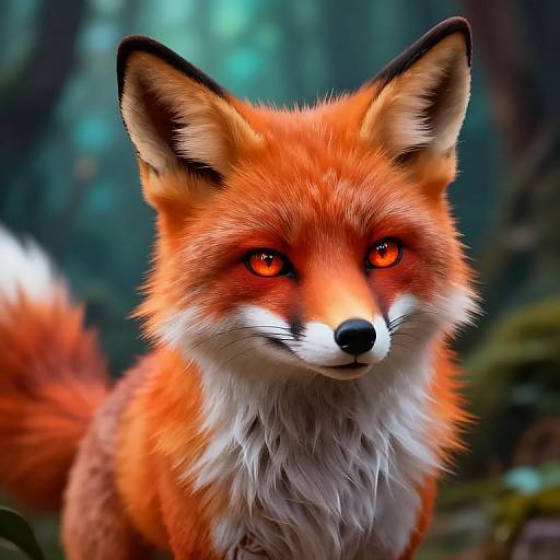 Photorealistic digital painting of a vibrant red fox with striking orange fur, intense red eyes, and a white-tipped tail, set against a blurred