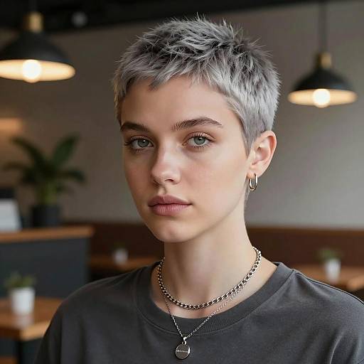Young Woman with Ash Gray Buzz Cut in Cafe