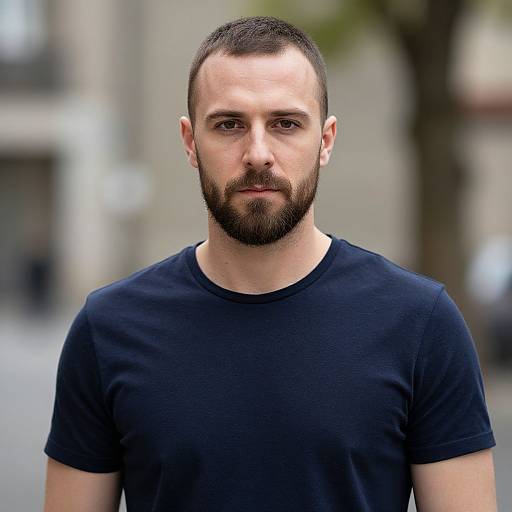 Photograph of a bearded Caucasian man with short dark hair, wearing a plain black t-shirt, standing outdoors with a blurred urban background.