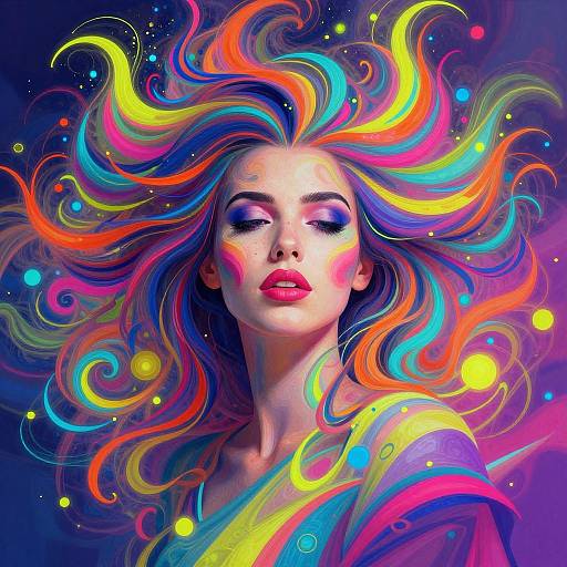 Digital artwork of a fair-skinned woman with vibrant, multi-colored hair swirling around her head, bold makeup, and neon accents against a dark background.