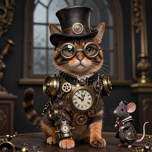 Steampunk cat with brass gears, clock, top hat, and goggles, next to a clockwork mouse, in a dimly lit, Victorian