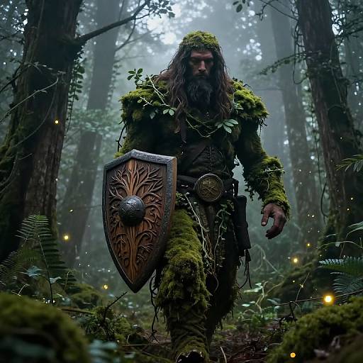 Photorealistic CGI of a fierce, bearded warrior in moss-covered, leafy forest attire, holding an ornate, wooden shield, surrounded by