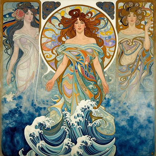 Digital art of three ethereal, long-haired women in flowing, colorful dresses, with one centered in waves, surrounded by circular sunburst.