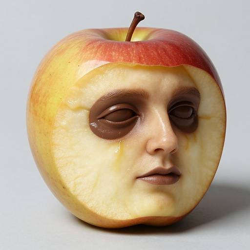 Photograph of a hollowed-out red apple with a human face carved into it, featuring brown almond-shaped eyes and closed lips, against a plain white