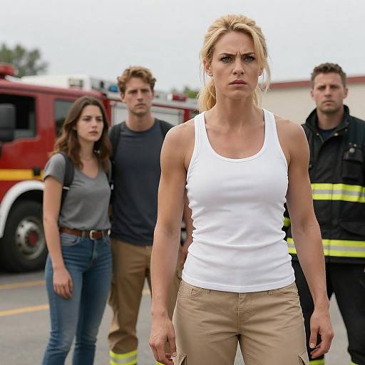 Determined Woman at Fire Truck Scene