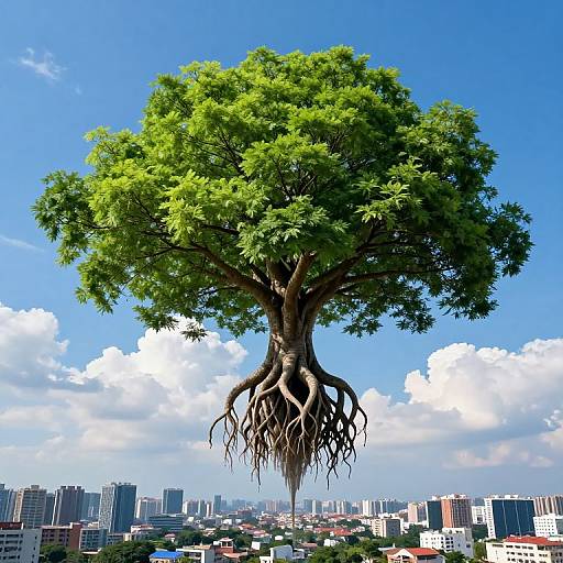 Giant floating tree with lush green leaves and exposed roots, hovering above a cityscape with skyscrapers and buildings under a bright blue sky with scattered