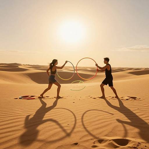 Photograph of two children playing with hula hoops in a golden desert at sunset, casting long shadows on rippled sand.