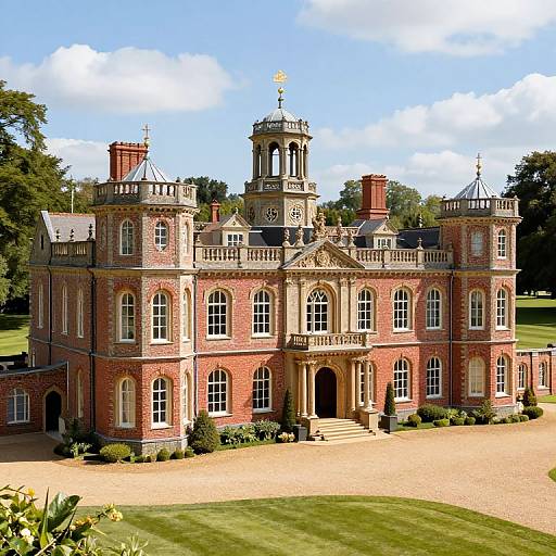 Photograph of a grand, red-brick, Victorian-style mansion with ornate stone detailing, tall chimneys, arched windows, and a central