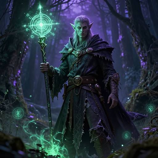 Digital fantasy artwork of a stern, elven wizard with pointed ears, holding a glowing, magical staff in a dark, purple-hued forest.