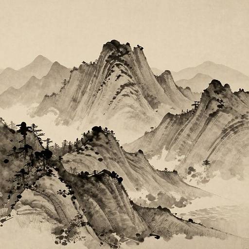 Sepia Ink Mountains Storybook Scene