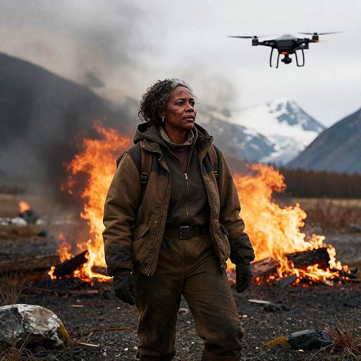 Survivor Woman Trapper in Alaskan Wilderness with Drone