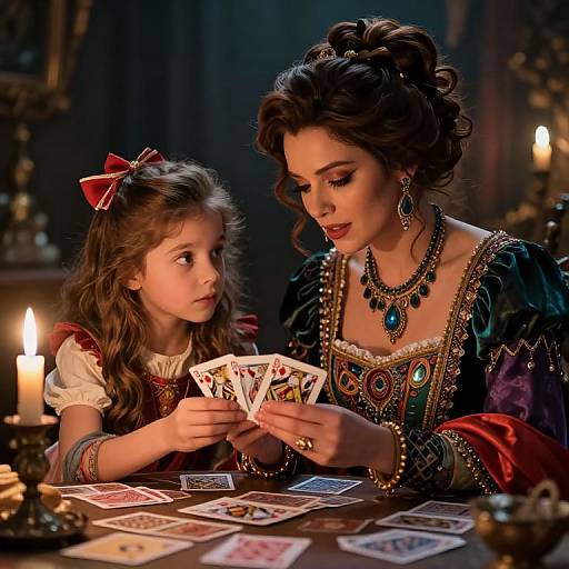 Photorealistic digital art: Elegant Victorian woman with elaborate jewelry and dark hair, shows playing cards to curious young girl with red bow, in dimly