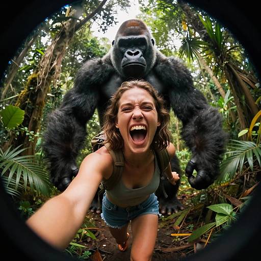 Photograph of a frightened woman with long brown hair, tank top, and shorts, running through a jungle, with a large black gorilla looming behind