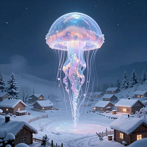 Fantastical digital art: glowing jellyfish hovers over snow-covered village, with illuminated houses, starry night sky, and snow-covered trees in