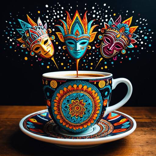 Levitating Coffee Cup with Vibrant Tribal Masks