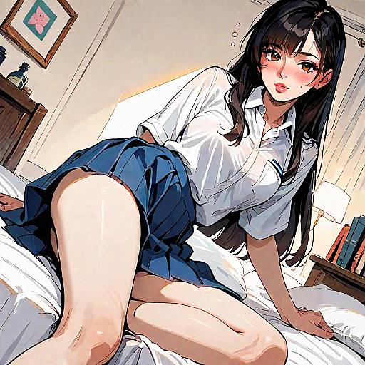 Anime-style digital drawing of a blushing, long-haired girl in a white shirt and blue skirt, sitting on a bed in a sunlit bedroom.
