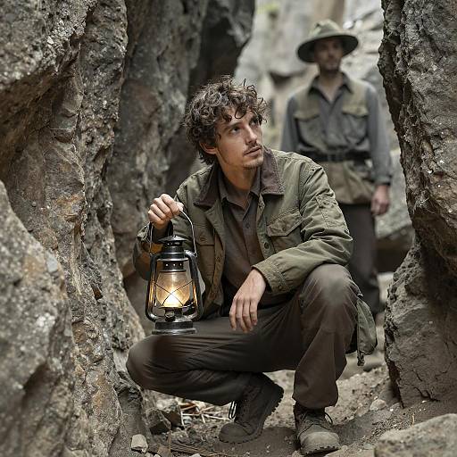 Crouching Man with Lantern in Rocks