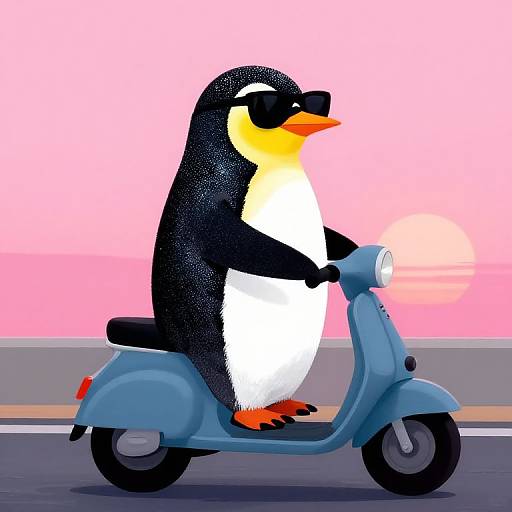 Digital illustration of a penguin with black and white feathers, wearing black sunglasses, riding a blue scooter on a road at sunset. Pink sky, orange