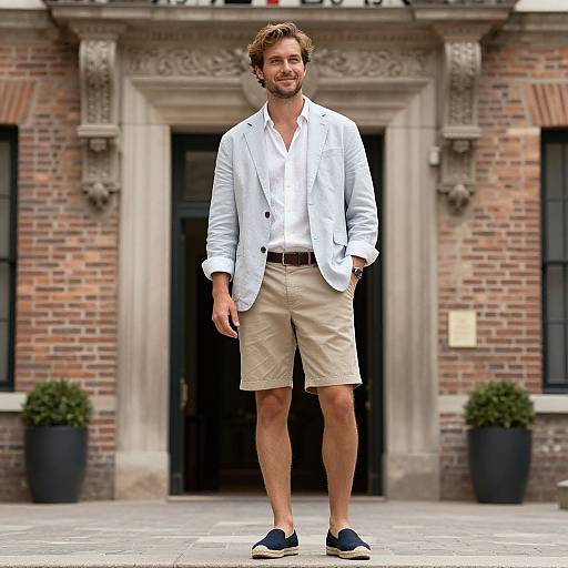Photograph of a smiling, bearded man in a white blazer, white shirt, beige shorts, and navy loafers, standing in front of