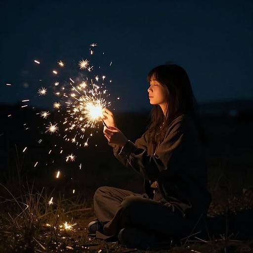 Photograph of a woman with long black hair, wearing a dark robe, sitting in a dark field at night, holding a lit sparkler emitting bright
