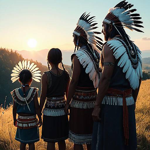 Indigenous Family at Sunrise in Traditional Dress