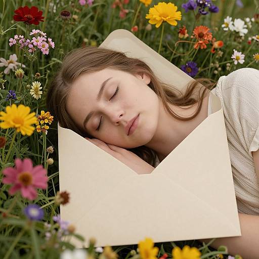 Photograph of a young woman with closed eyes, lying in a colorful flower field, resting her head on a yellow paper, surrounded by vibrant dais
