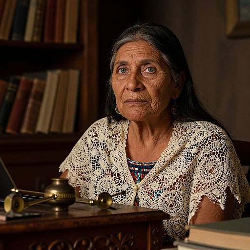 Photograph of an elderly Native American woman with long gray hair, wearing a white lace shawl, sitting in a dimly lit library with books and