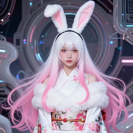 Digital artwork of an anime-style girl with long pink and white hair, wearing bunny ears, a white floral kimono, and fur trim, set against
