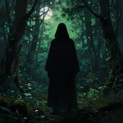 Silhouetted hooded figure in dark forest, backlit by moonlight filtering through dense, green foliage. Mysterious, eerie atmosphere. Digital