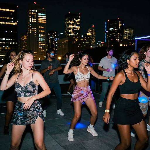 Photograph of three women dancing on a rooftop at night, wearing revealing outfits and white sneakers, surrounded by city lights and other partygoers.