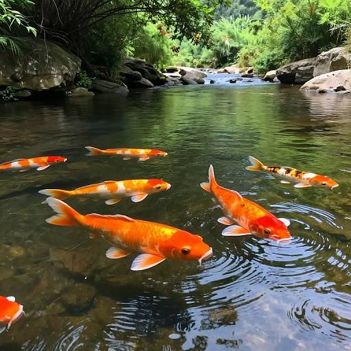 Photograph of vibrant orange and white koi fish swimming in a clear, rocky stream surrounded by lush green foliage.