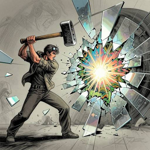 Comic-style drawing of a muscular man with dark hair and black cap, wearing a green shirt and black pants, smashing a glass wall with a large hammer