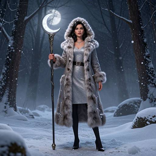 Digital artwork of a woman in a silver dress and fur-hooded coat, holding a glowing crescent staff, standing in a snowy forest.