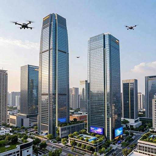 Photograph of a modern cityscape with two tall, reflective glass skyscrapers, two flying drones, and clear blue sky in the background.